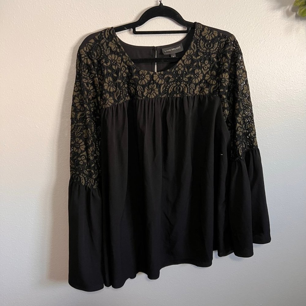 Lane Bryant Green Floral Accented Black Blouse